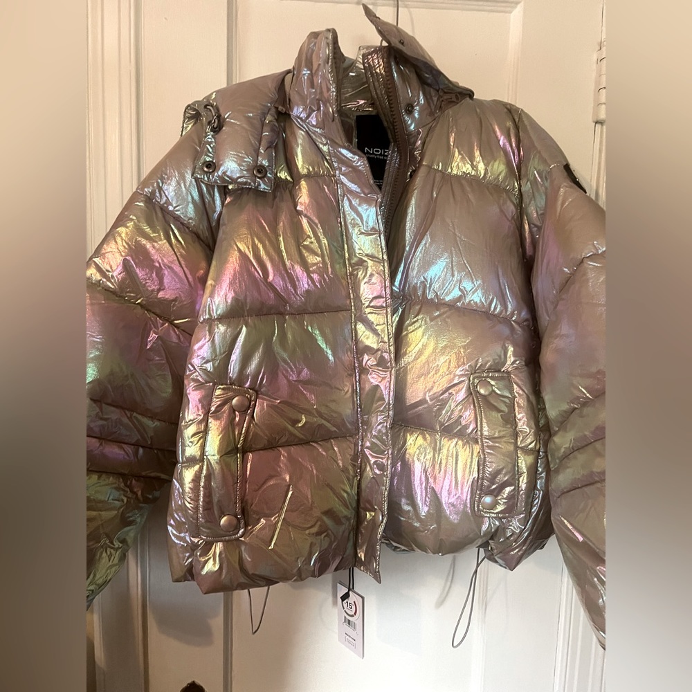Noize Rainbow Puffer Metallic Vegan Jacket Coat - size Small super cold